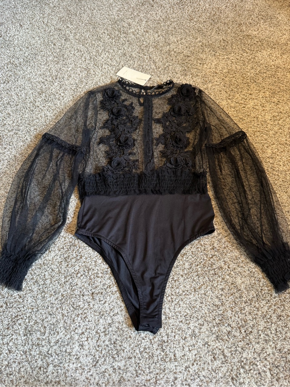 NWT Vera & Lucy Black Lace Floral Appliqué Sheer Bodysuit - M